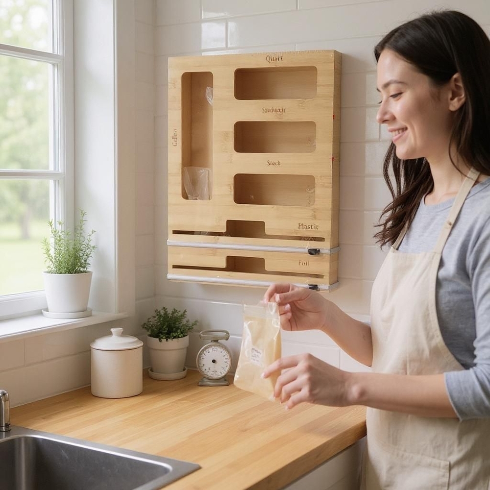 NWT Bamboo Kitchen Organizer for Bags and Wraps